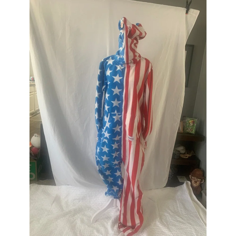 Tipsy Elves Mens Large American Fleece Onesie Jumpsuit Stars Stripes USA L - Picture 2 of 5